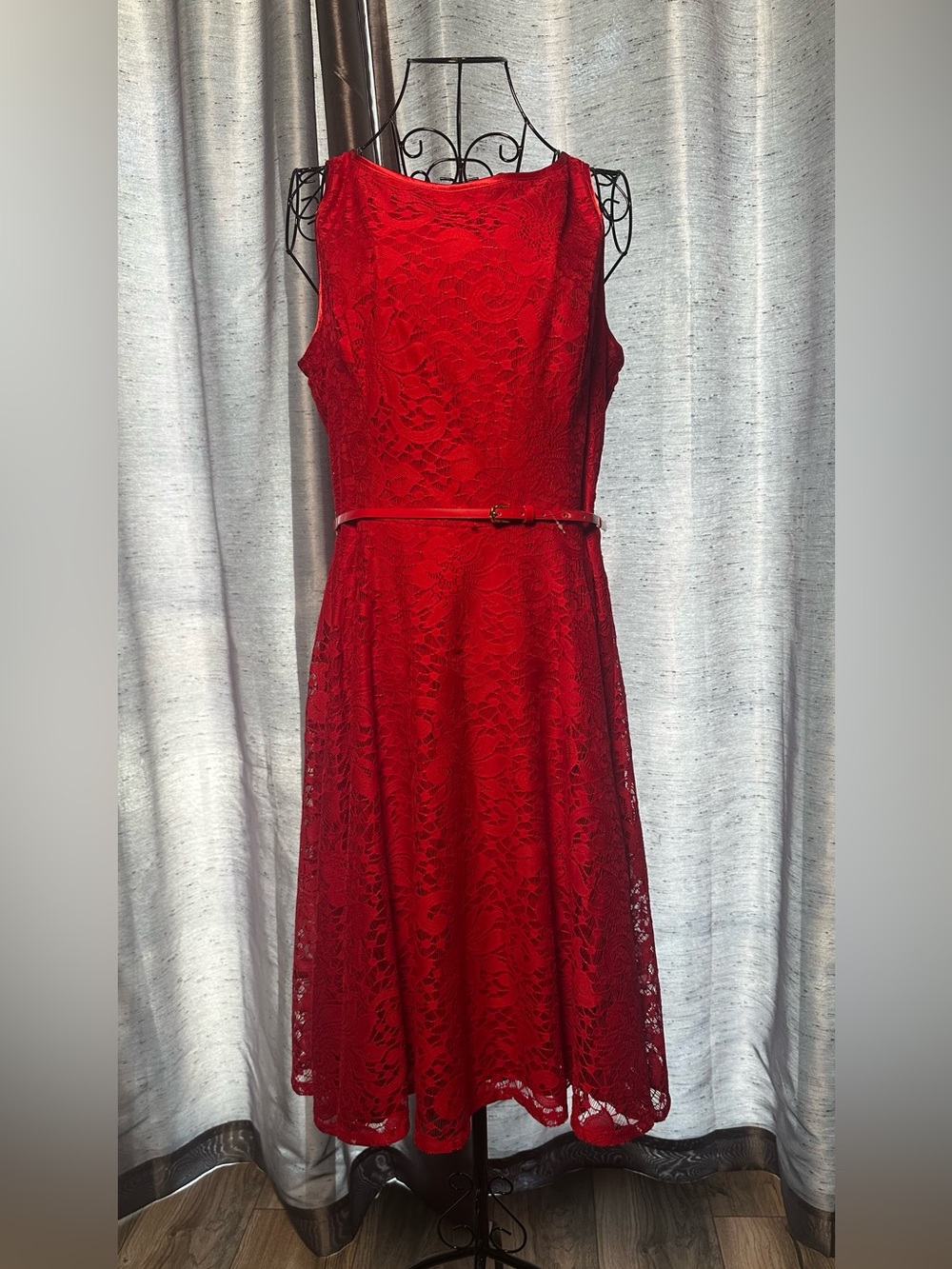 NWT Evan Picone Red Lace Midi Dress with Slim Belt